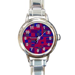 Offset Puzzle Rounded Graphic Squares In A Red And Blue Colour Set Round Italian Charm Watch by Mariart