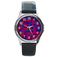 Offset Puzzle Rounded Graphic Squares In A Red And Blue Colour Set Round Metal Watch