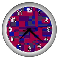 Offset Puzzle Rounded Graphic Squares In A Red And Blue Colour Set Wall Clocks (silver)  by Mariart