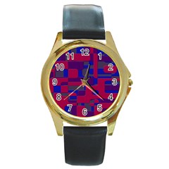 Offset Puzzle Rounded Graphic Squares In A Red And Blue Colour Set Round Gold Metal Watch by Mariart