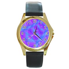 Original Purple Blue Fractal Composed Overlapping Loops Misty Translucent Round Gold Metal Watch by Mariart