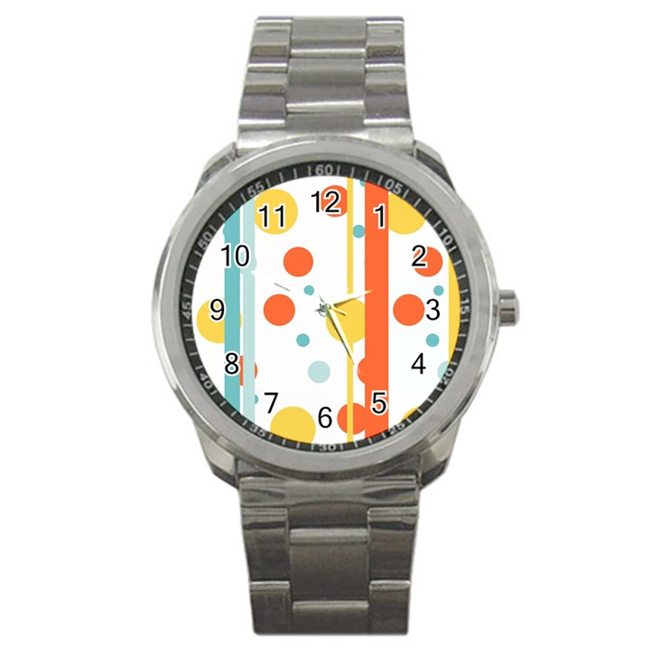 Stripes Dots Line Circle Vertical Yellow Red Blue Polka Sport Metal Watch