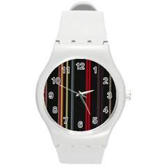 Stripes Line Black Red Round Plastic Sport Watch (m)