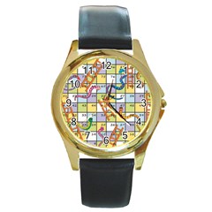 Snakes Ladders Game Board Round Gold Metal Watch by Mariart