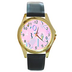 Vintage Unique Graphics Memphis Style Geometric Round Gold Metal Watch by Mariart