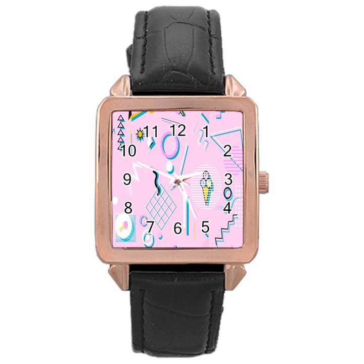 Vintage Unique Graphics Memphis Style Geometric Rose Gold Leather Watch 