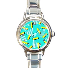 Vintage Unique Graphics Memphis Style Geometric Triangle Line Cube Yellow Green Blue Round Italian Charm Watch by Mariart