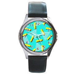 Vintage Unique Graphics Memphis Style Geometric Triangle Line Cube Yellow Green Blue Round Metal Watch