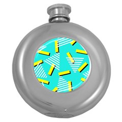 Vintage Unique Graphics Memphis Style Geometric Triangle Line Cube Yellow Green Blue Round Hip Flask (5 Oz) by Mariart