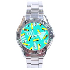 Vintage Unique Graphics Memphis Style Geometric Triangle Line Cube Yellow Green Blue Stainless Steel Analogue Watch