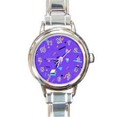 Vintage Unique Graphics Memphis Style Geometric Style Pattern Grapic Triangle Big Eye Purple Blue Round Italian Charm Watch