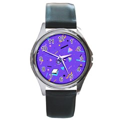 Vintage Unique Graphics Memphis Style Geometric Style Pattern Grapic Triangle Big Eye Purple Blue Round Metal Watch by Mariart