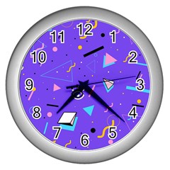 Vintage Unique Graphics Memphis Style Geometric Style Pattern Grapic Triangle Big Eye Purple Blue Wall Clocks (silver)  by Mariart