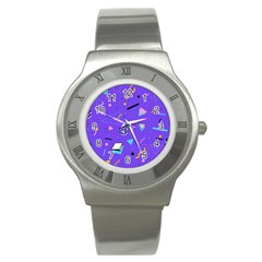 Vintage Unique Graphics Memphis Style Geometric Style Pattern Grapic Triangle Big Eye Purple Blue Stainless Steel Watch