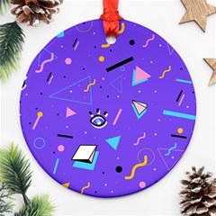 Vintage Unique Graphics Memphis Style Geometric Style Pattern Grapic Triangle Big Eye Purple Blue Round Ornament (two Sides) by Mariart