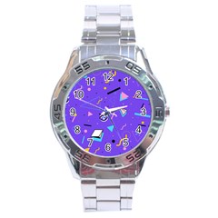 Vintage Unique Graphics Memphis Style Geometric Style Pattern Grapic Triangle Big Eye Purple Blue Stainless Steel Analogue Watch