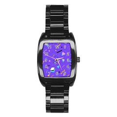 Vintage Unique Graphics Memphis Style Geometric Style Pattern Grapic Triangle Big Eye Purple Blue Stainless Steel Barrel Watch by Mariart