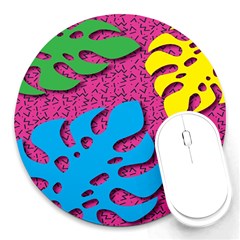 Vintage Unique Graphics Memphis Style Geometric Leaf Green Blue Yellow Pink Round Mousepads by Mariart