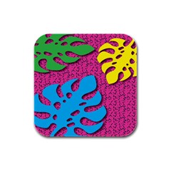 Vintage Unique Graphics Memphis Style Geometric Leaf Green Blue Yellow Pink Rubber Square Coaster (4 Pack)  by Mariart