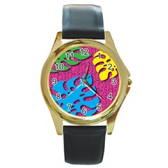 Vintage Unique Graphics Memphis Style Geometric Leaf Green Blue Yellow Pink Round Gold Metal Watch by Mariart