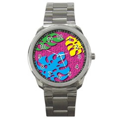 Vintage Unique Graphics Memphis Style Geometric Leaf Green Blue Yellow Pink Sport Metal Watch