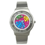 Vintage Unique Graphics Memphis Style Geometric Leaf Green Blue Yellow Pink Stainless Steel Watch Front