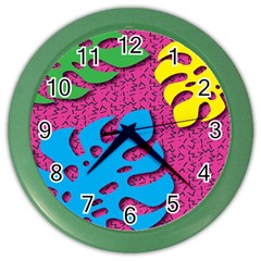 Vintage Unique Graphics Memphis Style Geometric Leaf Green Blue Yellow Pink Color Wall Clocks by Mariart