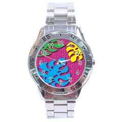 Vintage Unique Graphics Memphis Style Geometric Leaf Green Blue Yellow Pink Stainless Steel Analogue Watch by Mariart