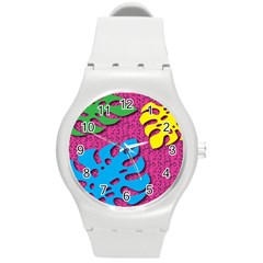 Vintage Unique Graphics Memphis Style Geometric Leaf Green Blue Yellow Pink Round Plastic Sport Watch (m)