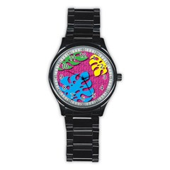 Vintage Unique Graphics Memphis Style Geometric Leaf Green Blue Yellow Pink Stainless Steel Round Watch by Mariart