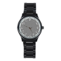 Waves Stripes Triangles Wave Chevron Black Stainless Steel Round Watch