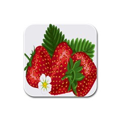 Strawberry Red Seed Leaf Green Rubber Square Coaster (4 Pack) 