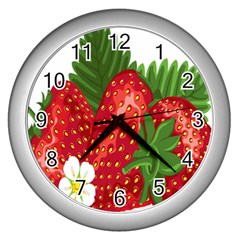 Strawberry Red Seed Leaf Green Wall Clocks (silver) 