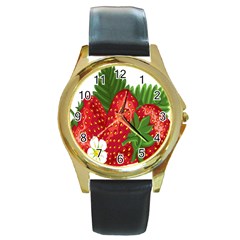 Strawberry Red Seed Leaf Green Round Gold Metal Watch by Mariart