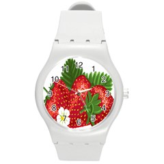 Strawberry Red Seed Leaf Green Round Plastic Sport Watch (m) by Mariart