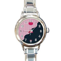 Waves Line Polka Dots Vertical Black Pink Round Italian Charm Watch by Mariart