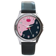 Waves Line Polka Dots Vertical Black Pink Round Metal Watch