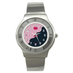 Waves Line Polka Dots Vertical Black Pink Stainless Steel Watch by Mariart