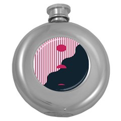 Waves Line Polka Dots Vertical Black Pink Round Hip Flask (5 Oz)