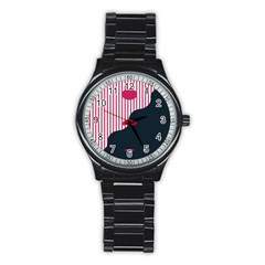 Waves Line Polka Dots Vertical Black Pink Stainless Steel Round Watch by Mariart