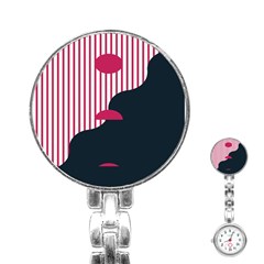 Waves Line Polka Dots Vertical Black Pink Stainless Steel Nurses Watch