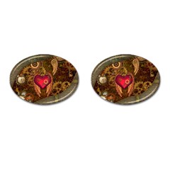 Steampunk Golden Design, Heart With Wings, Clocks And Gears Cufflinks (oval) by FantasyWorld7