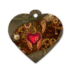 Steampunk Golden Design, Heart With Wings, Clocks And Gears Dog Tag Heart (one Side) by FantasyWorld7