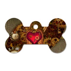 Steampunk Golden Design, Heart With Wings, Clocks And Gears Dog Tag Bone (one Side) by FantasyWorld7