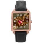 Steampunk Golden Design, Heart With Wings, Clocks And Gears Rose Gold Leather Watch  Front