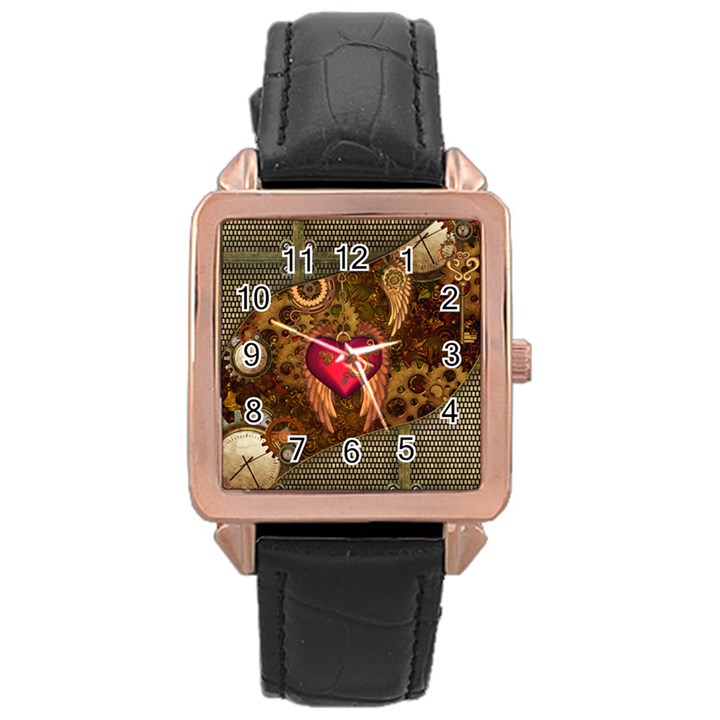 Steampunk Golden Design, Heart With Wings, Clocks And Gears Rose Gold Leather Watch 