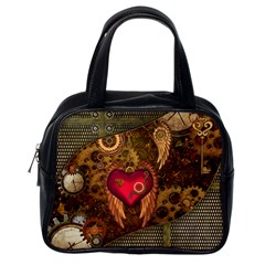 Steampunk Golden Design, Heart With Wings, Clocks And Gears Classic Handbags (one Side) by FantasyWorld7