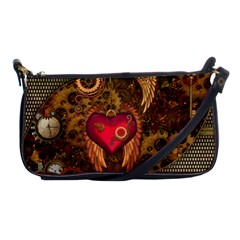 Steampunk Golden Design, Heart With Wings, Clocks And Gears Shoulder Clutch Bags by FantasyWorld7