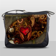 Steampunk Golden Design, Heart With Wings, Clocks And Gears Messenger Bags by FantasyWorld7