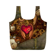 Steampunk Golden Design, Heart With Wings, Clocks And Gears Full Print Recycle Bags (m)  by FantasyWorld7